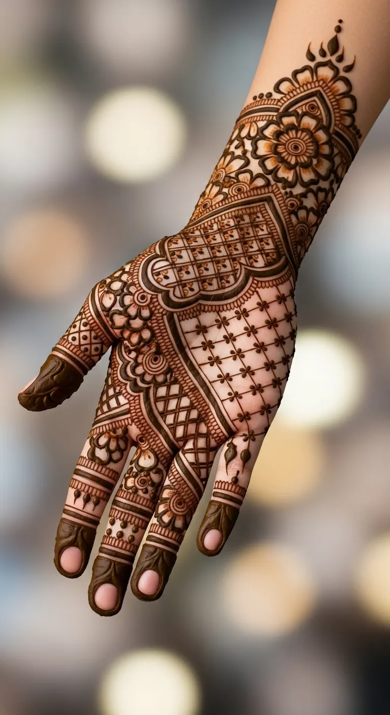 Modern full hand mehndi with negative space