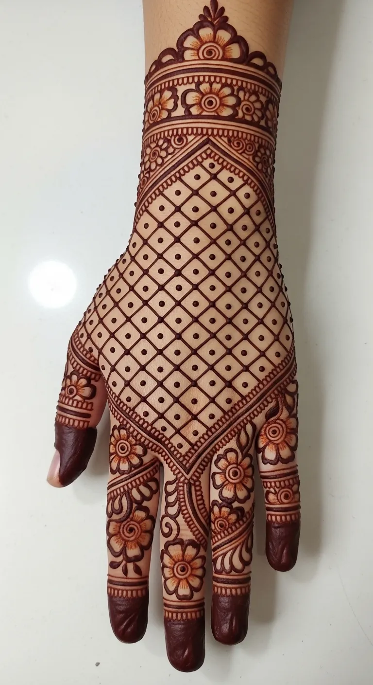 Diamond grid with tiny dot centers on the back hand
