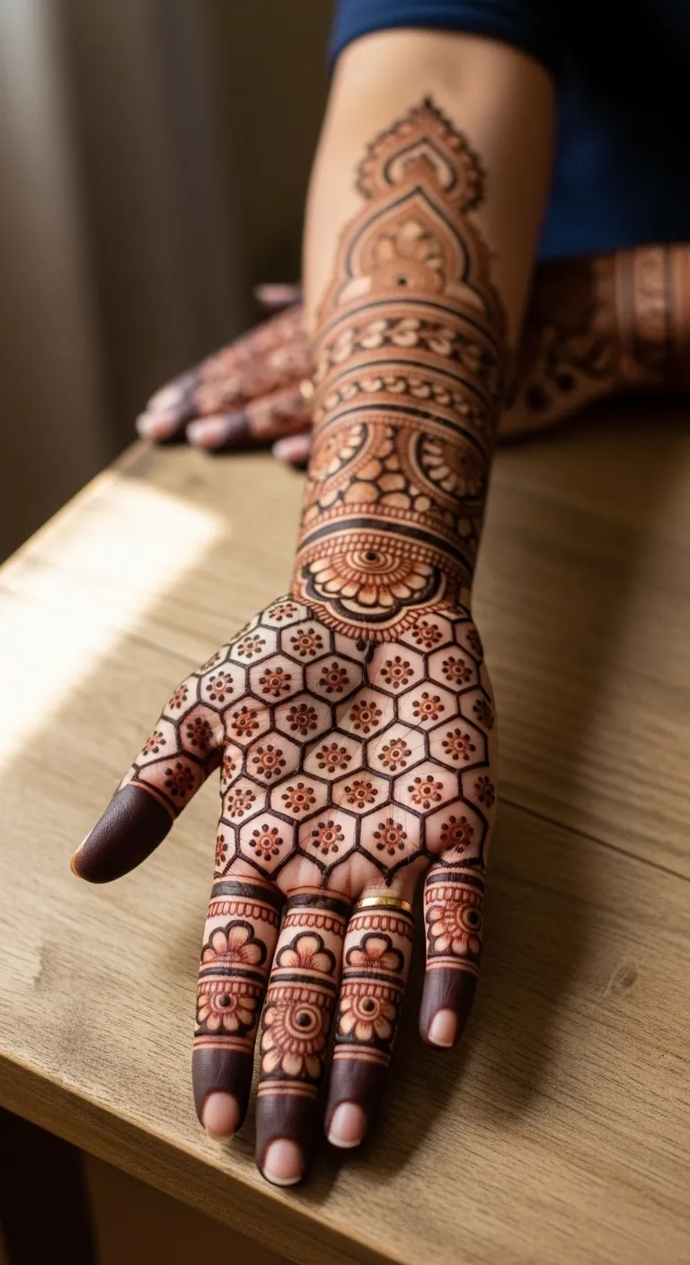 Modern geometric honeycomb engagement mehndi