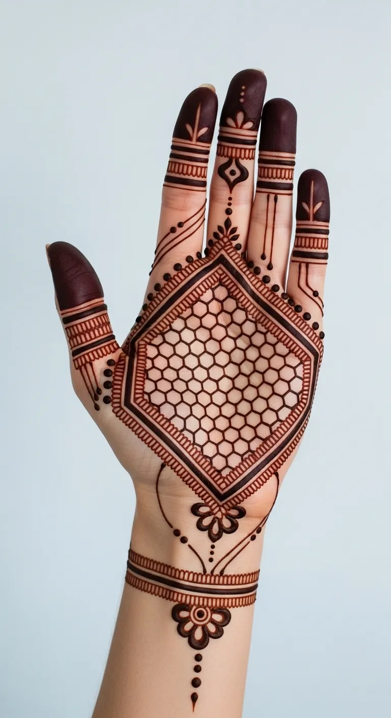 Modern geometric honeycomb mehndi design on palm