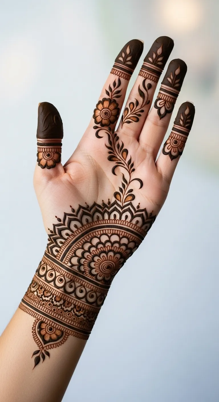 Modern half mandala mehndi at edge of palm
