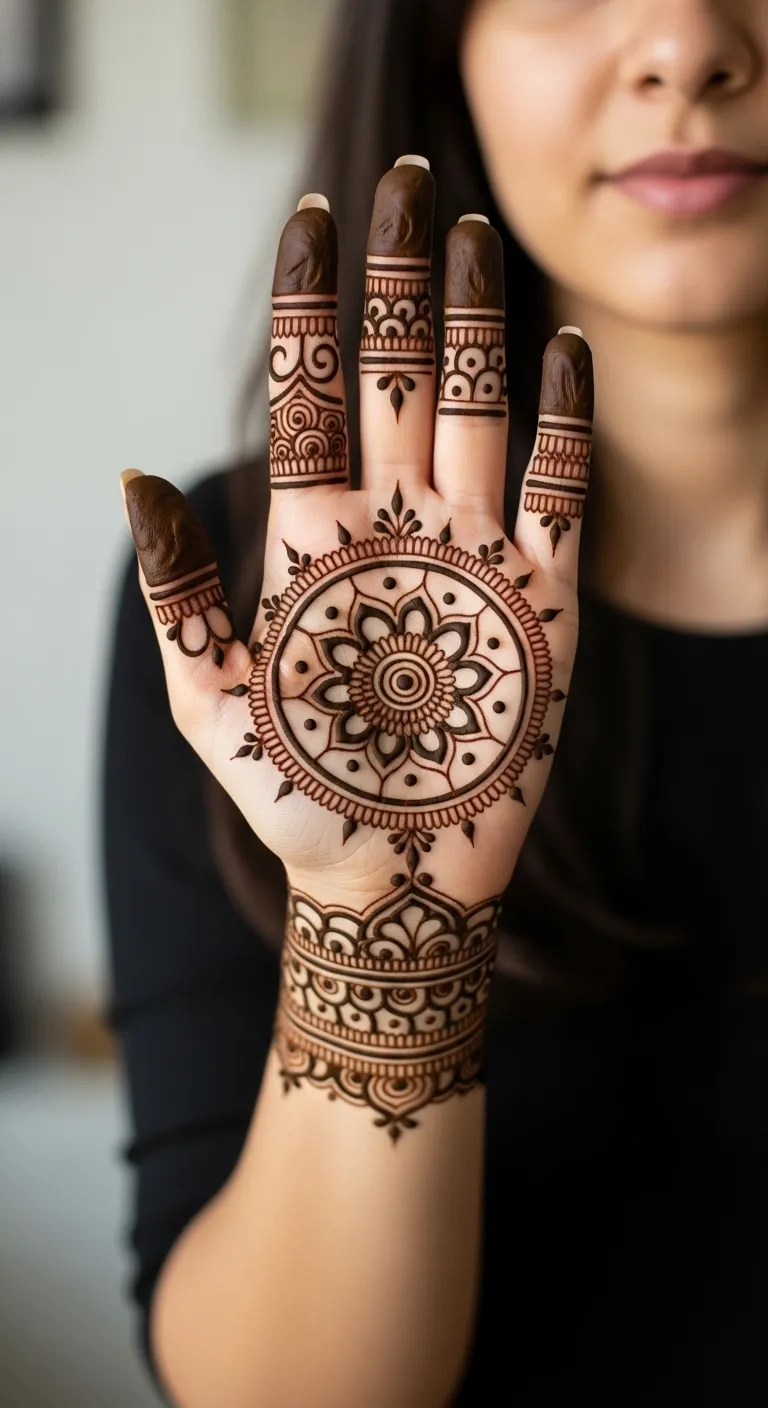 Modern Indian geometric mandala mehndi on palm