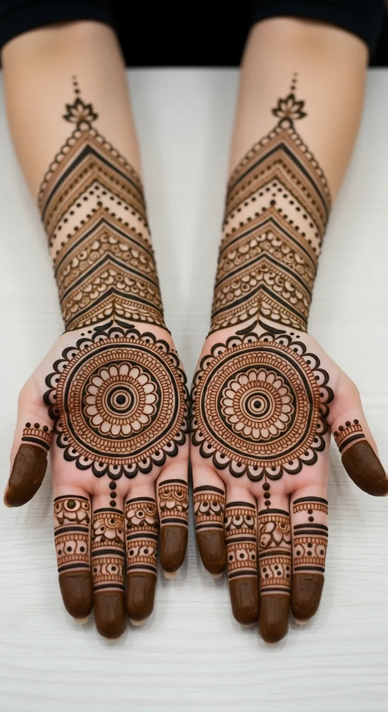 Modern multi-layered mandala mehndi with filled and open rings