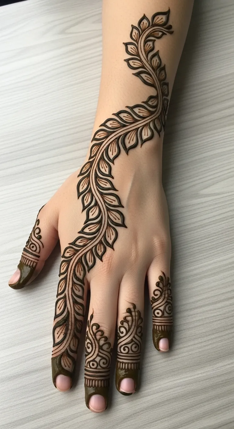 Modern leaf trail mehndi design with fine shading