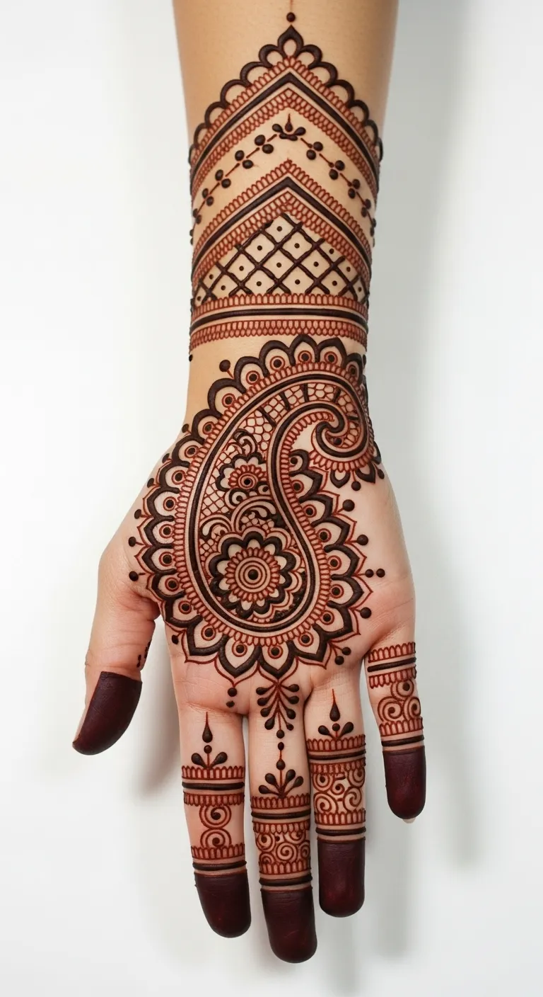 Modern mehndi design with paisley and negative space