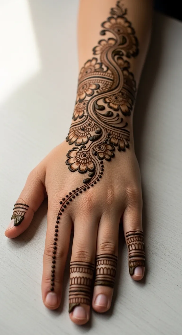 Modern minimal mehndi with finger trail and dot accents