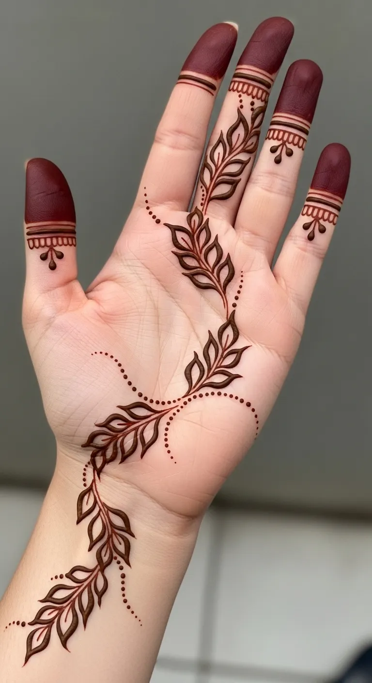 Minimal modern mehndi with leaf chain on palm