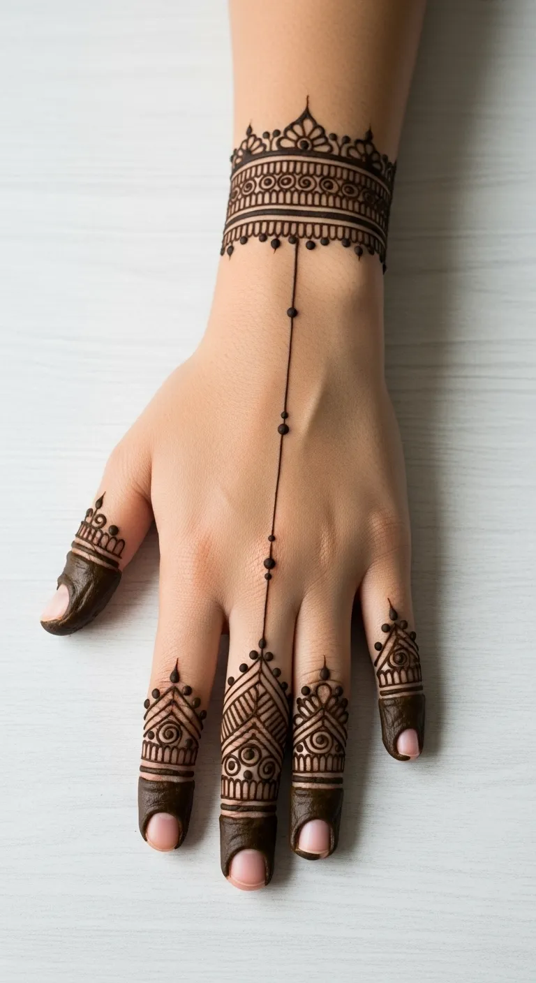 Modern geometric finger mehndi on right hand