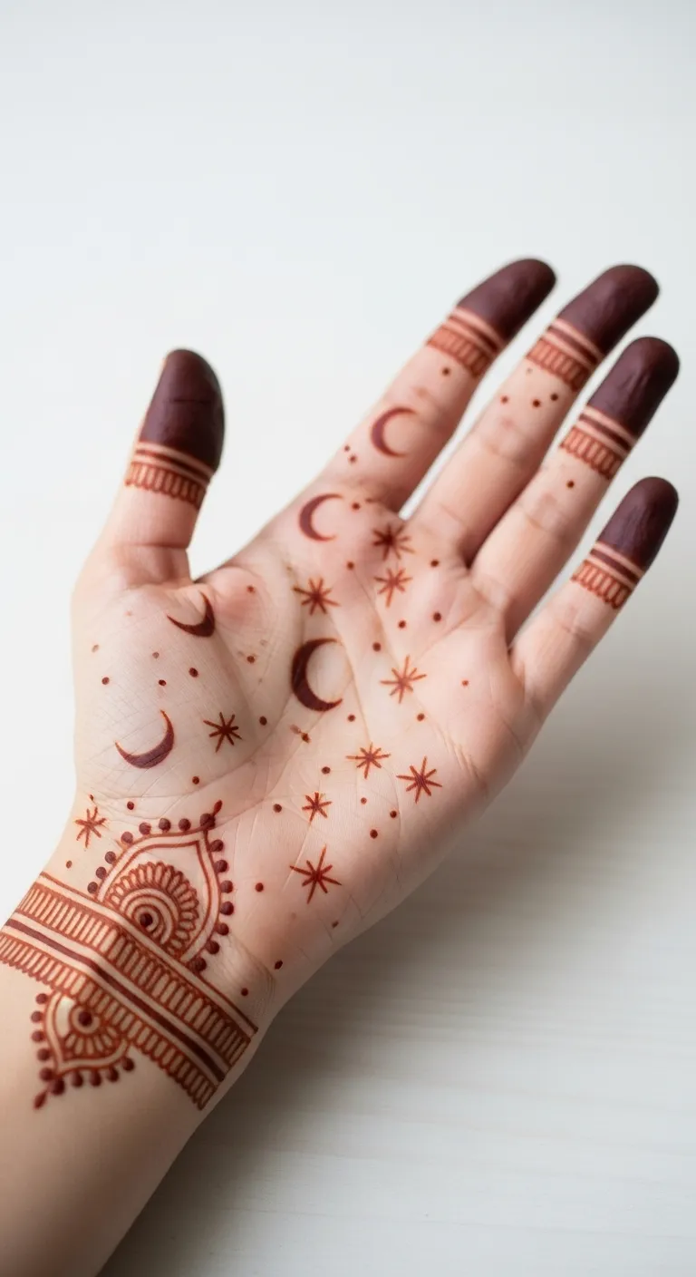 Minimal moon and stars mehndi on right hand