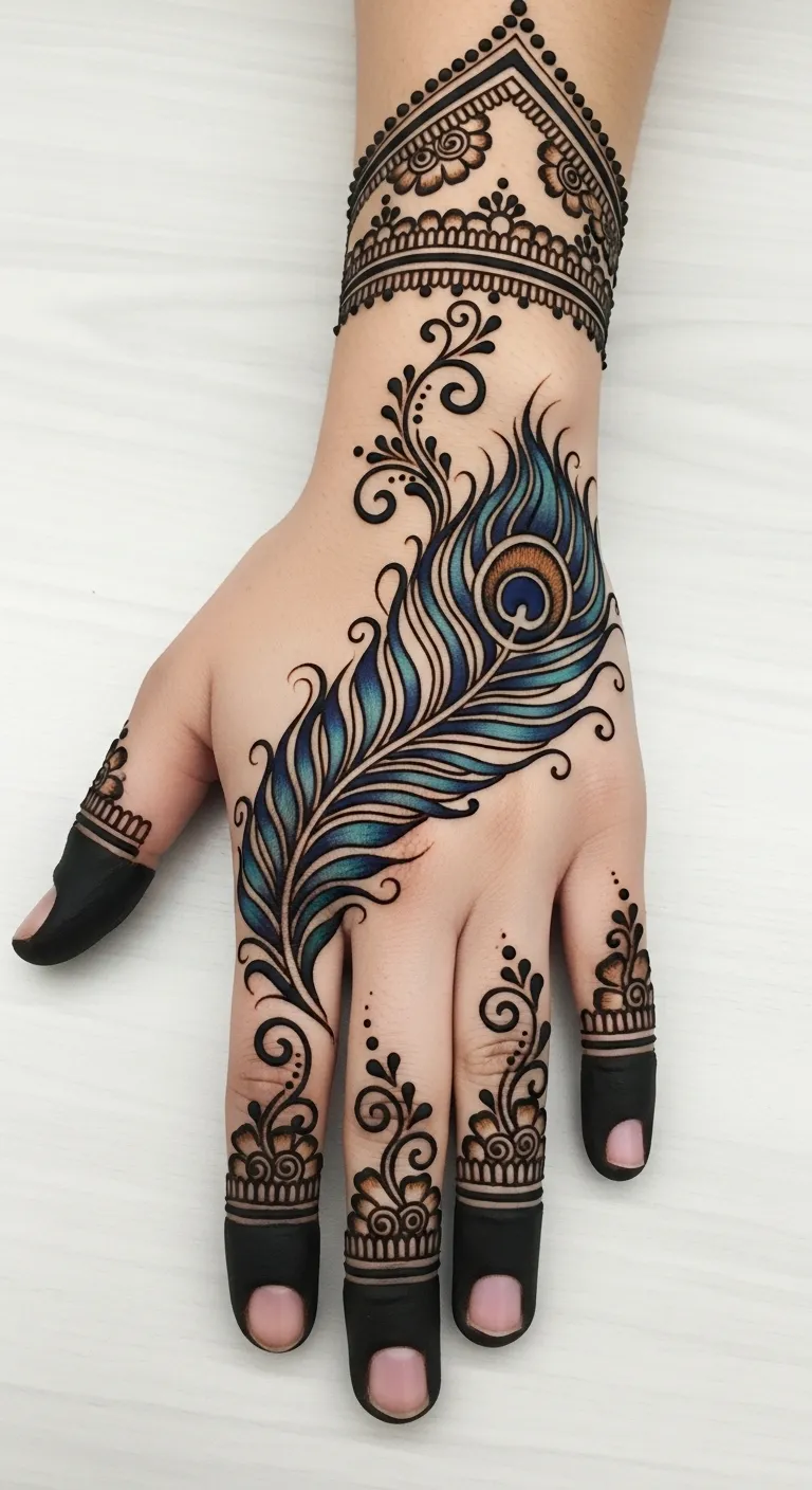 Modern shaded peacock feather mehndi with gradient effect