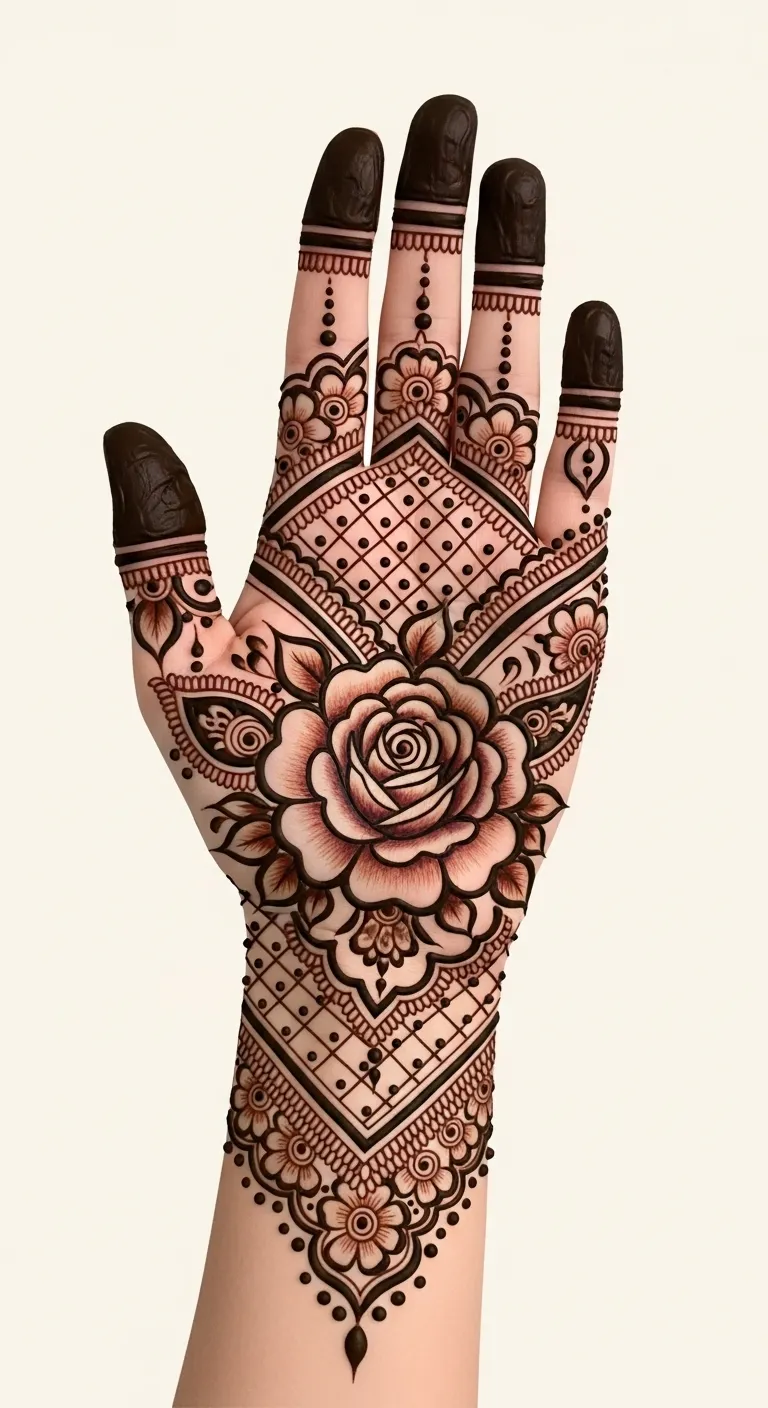 Modern shaded rose mehndi with gradient petals on palm