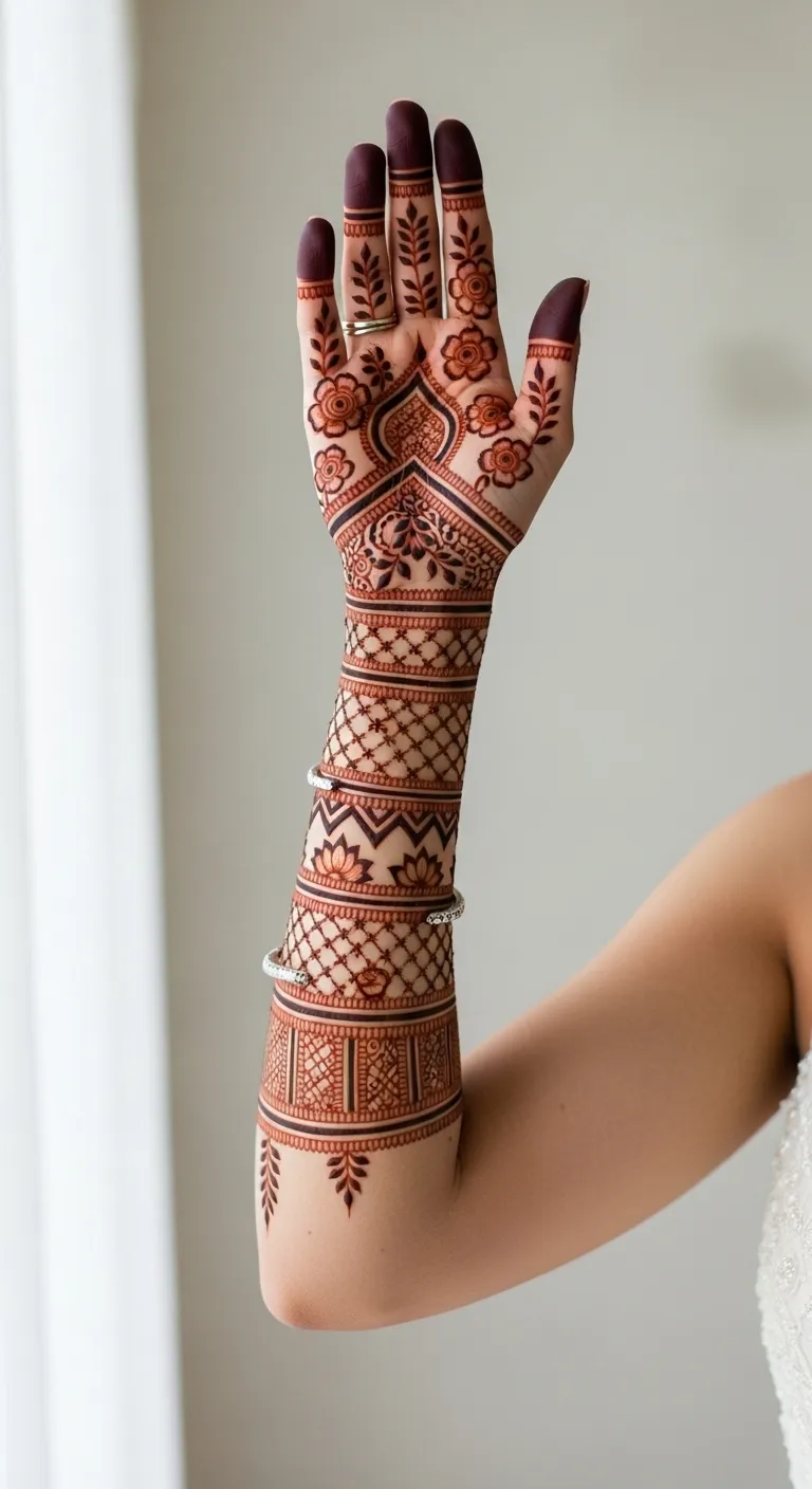Pakistani bridal henna with extended arm coverage