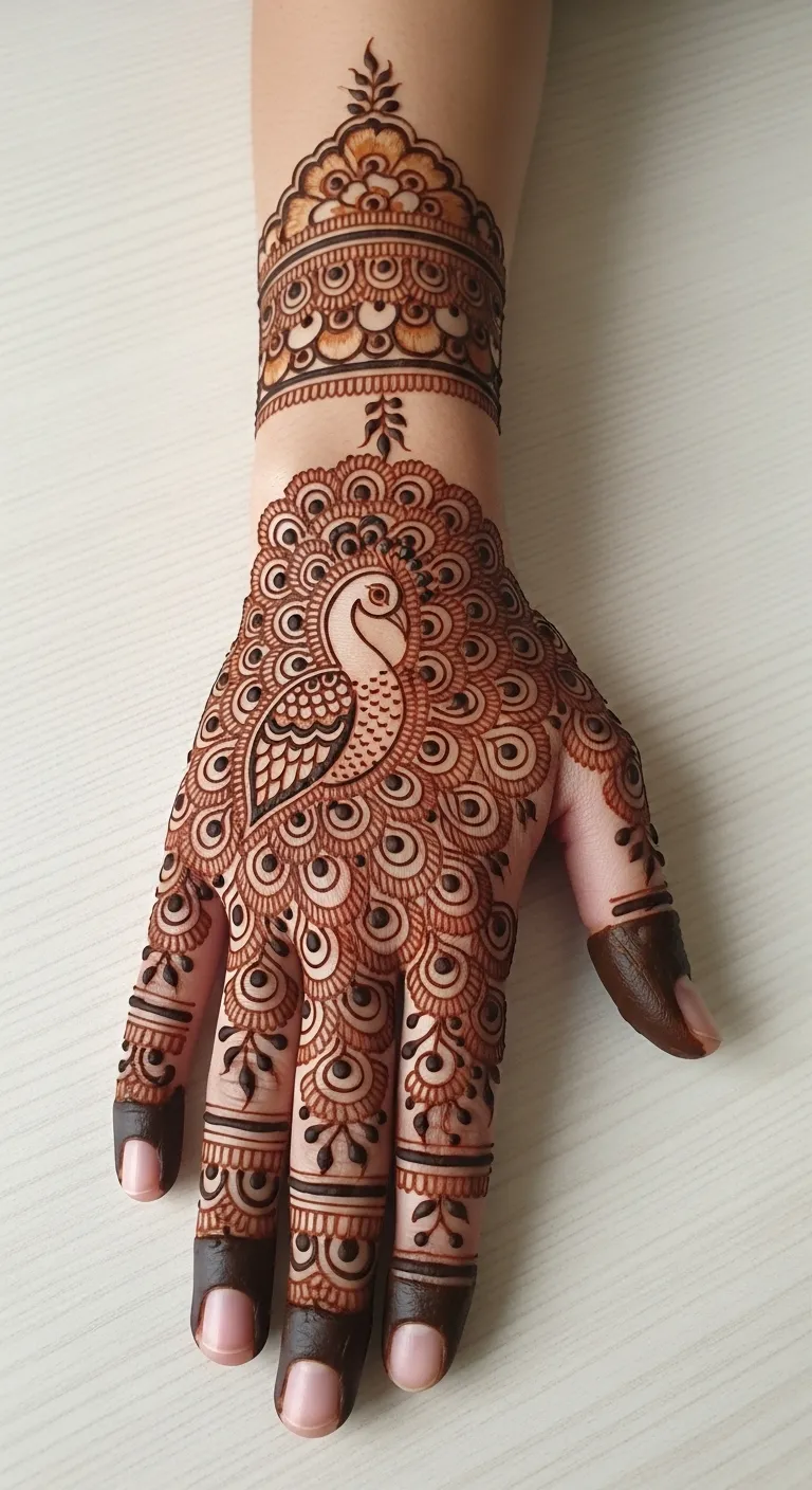 Full peacock with spread feathers back hand mehndi