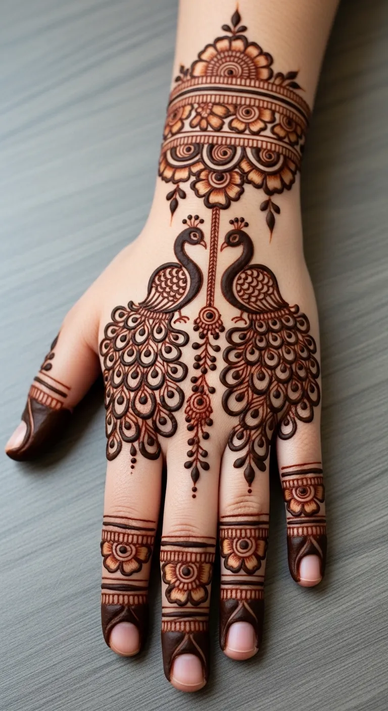 Twin peacock back hand mehndi design