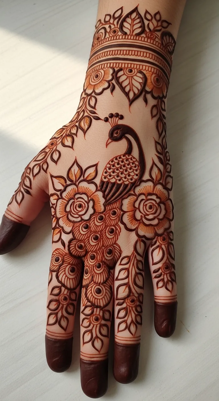Peacock mehndi between two roses with leaf filling