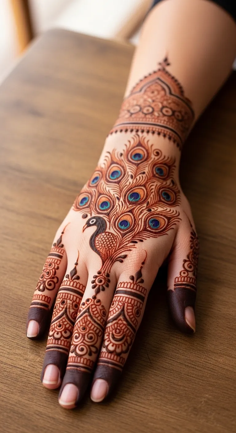 Peacock feather bouquet mehndi on back hand