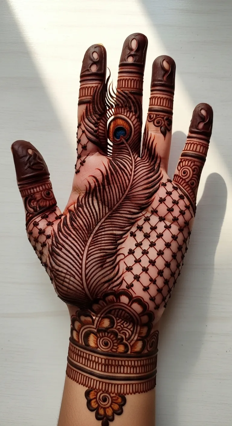 Peacock feather mehndi along middle finger