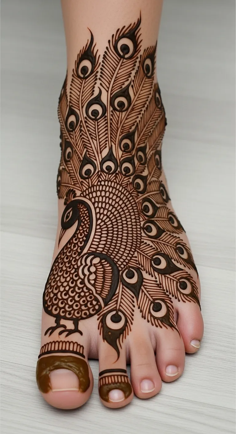 Peacock foot mehndi with full spread feathers