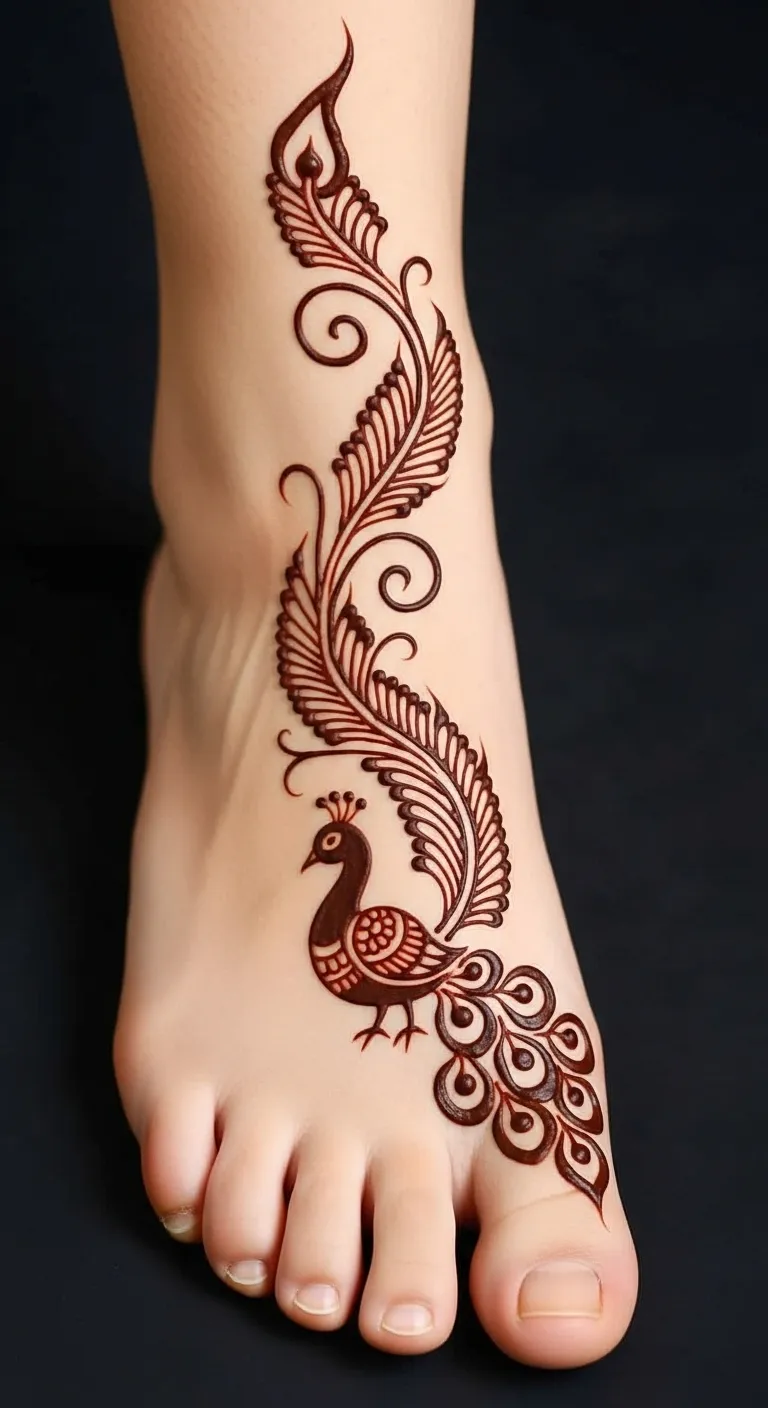 Small peacock foot mehndi at center of foot