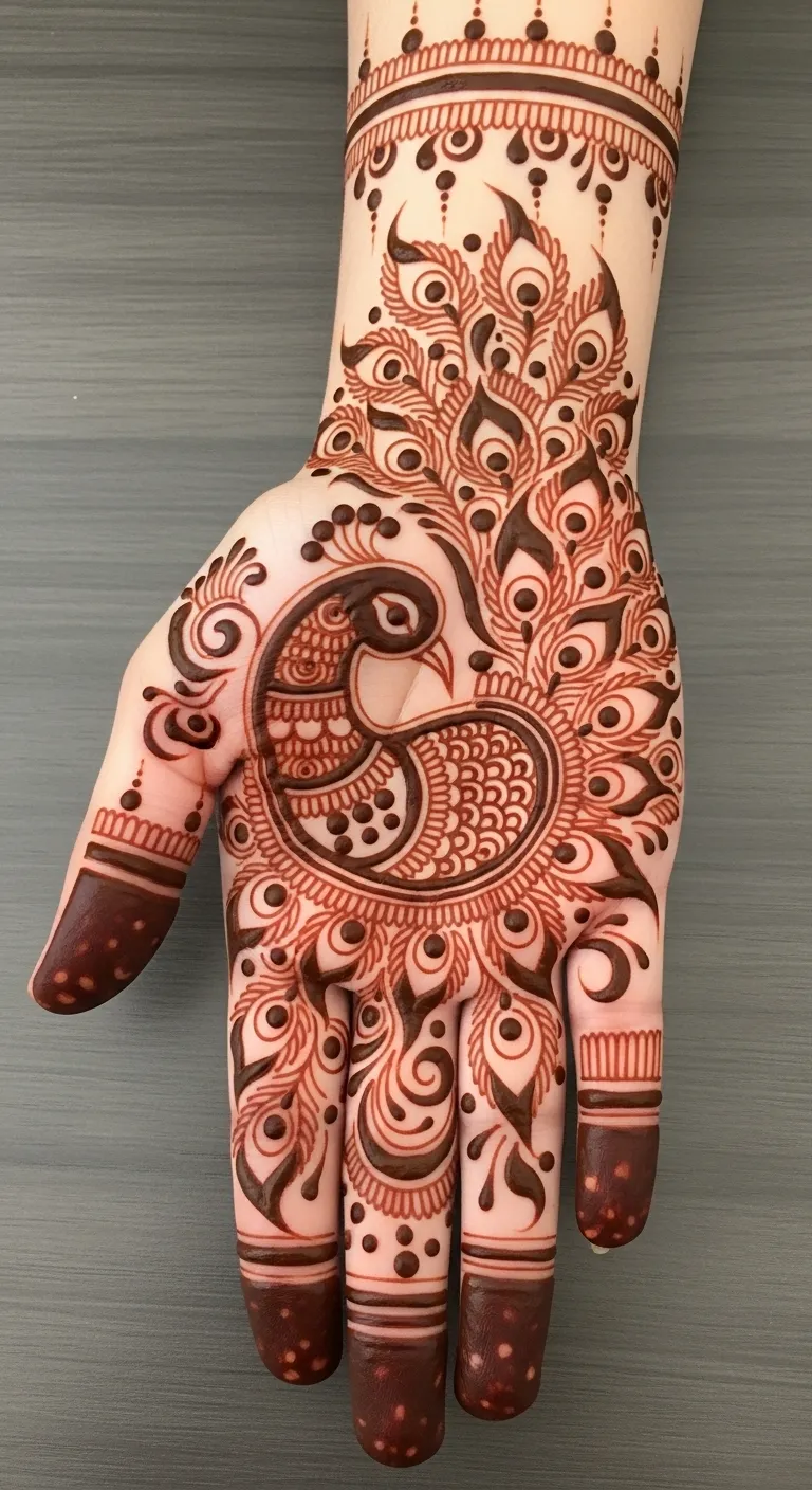 Peacock full hand mehndi with central peacock design