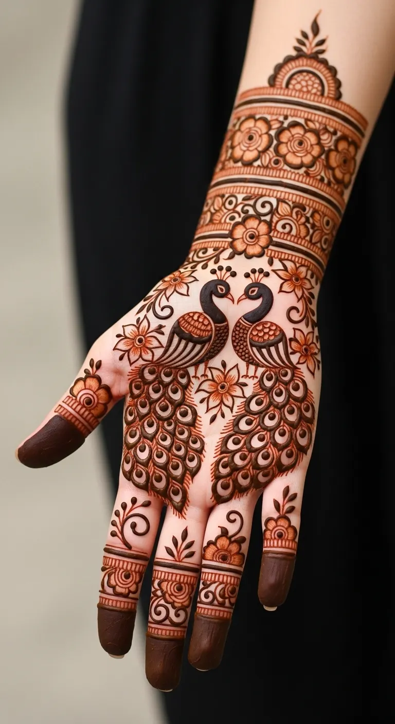 Full hand mehndi with twin peacock design