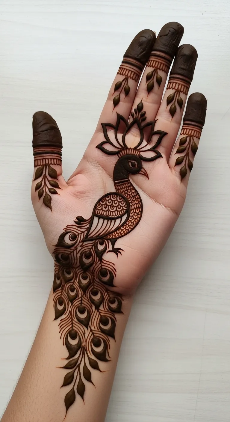 Peacock mehndi with lotus crown and petals on fingers