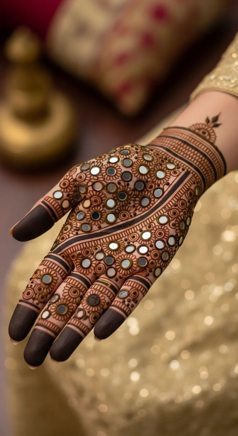 Rajasthani bridal henna with mirror circle filling