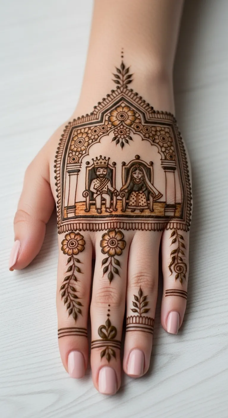 Rajasthani bridal mehndi with royal court scene