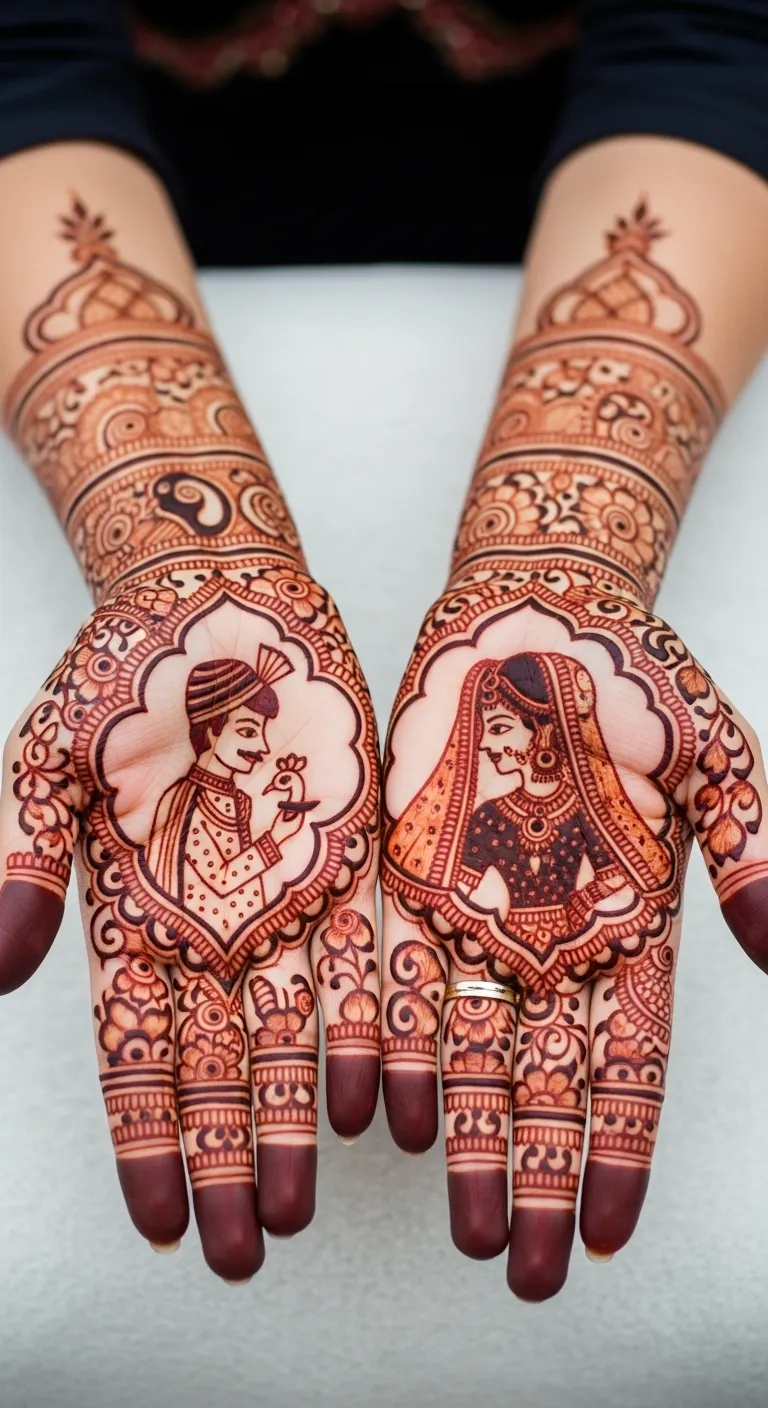 Rajasthani mehndi with mirror bride and groom