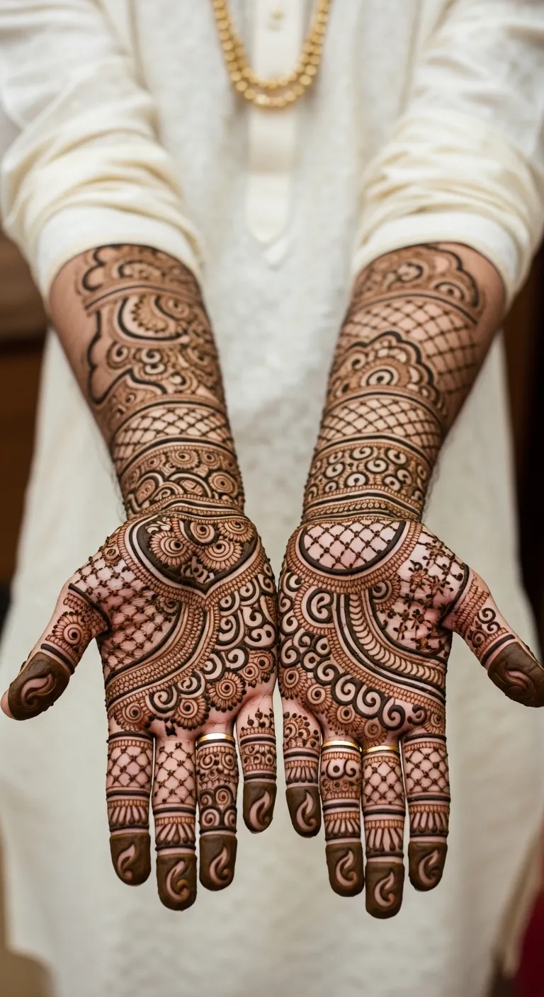 Traditional Rajasthani dulha mehndi with dense jaal pattern