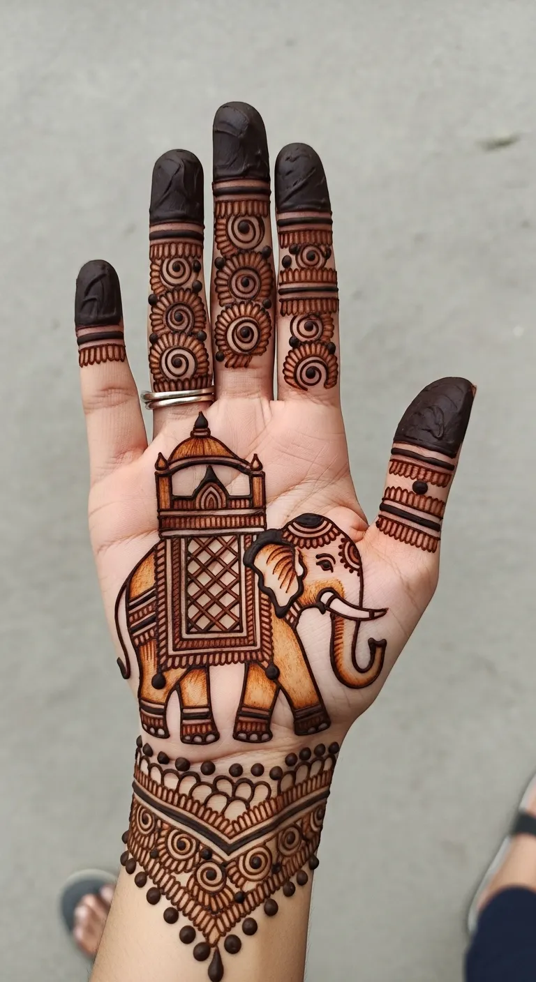 Rajasthani dulha mehndi with royal elephant motif