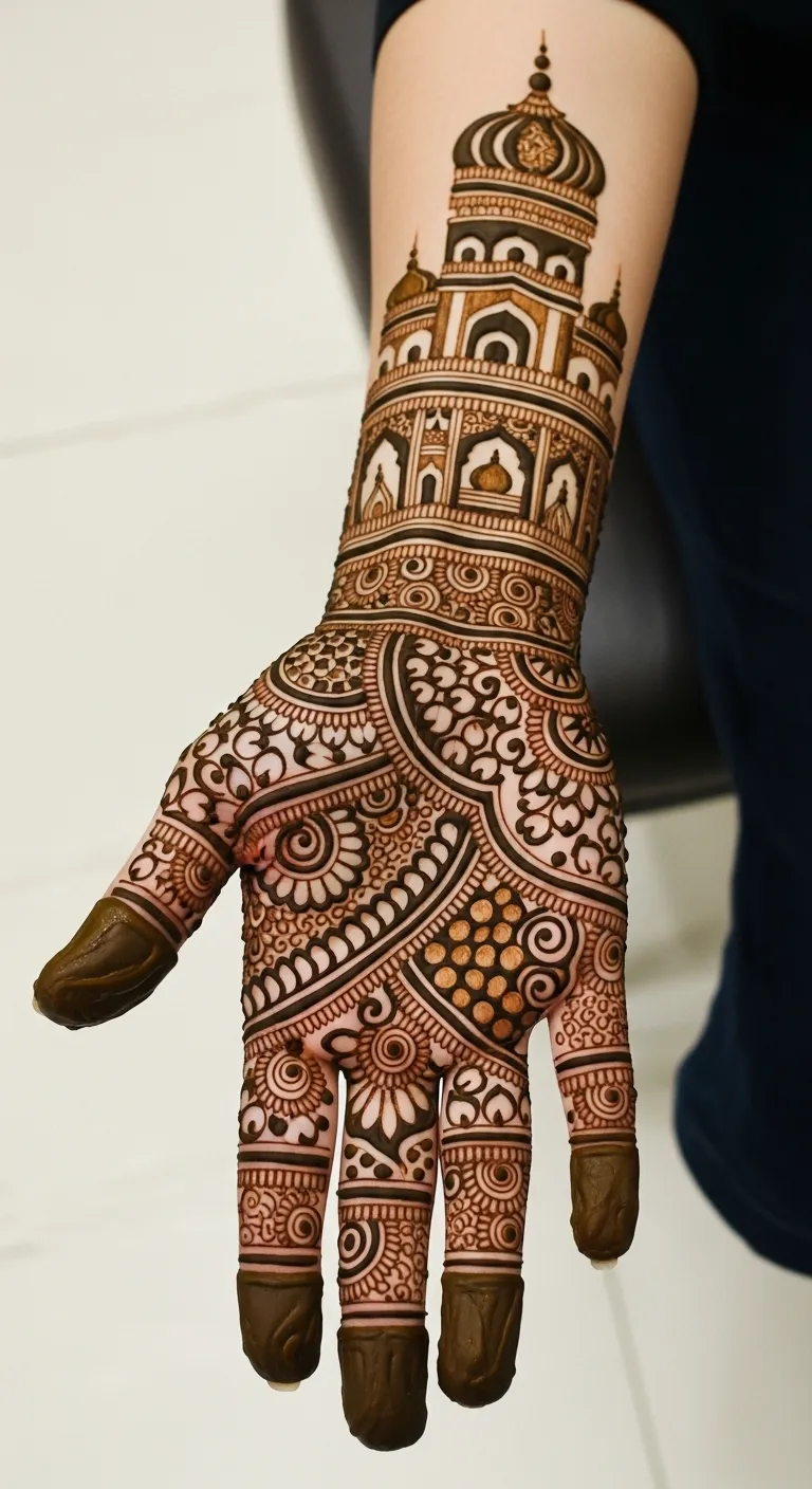 Rajasthani full hand mehndi with palace pattern