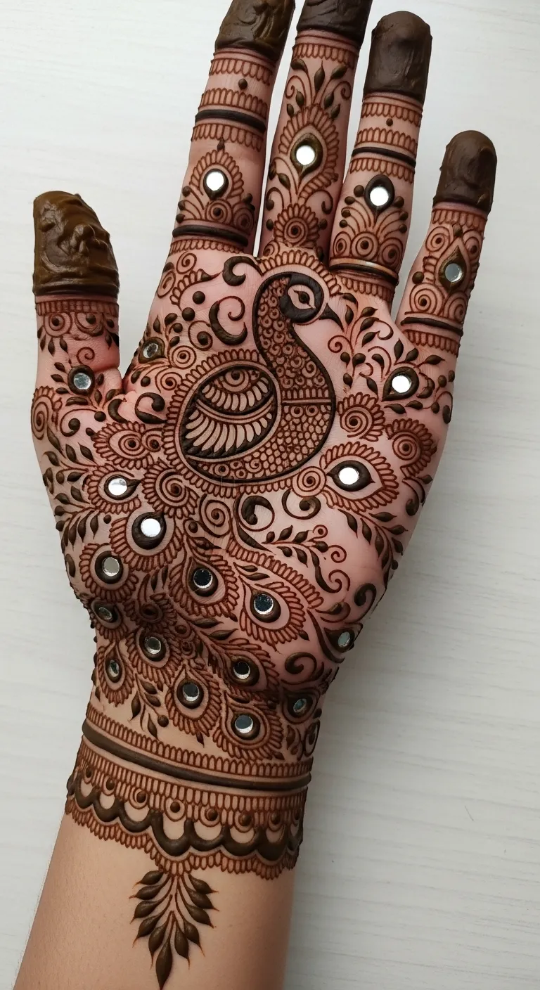 Rajasthani peacock full hand mehndi with mirror dots