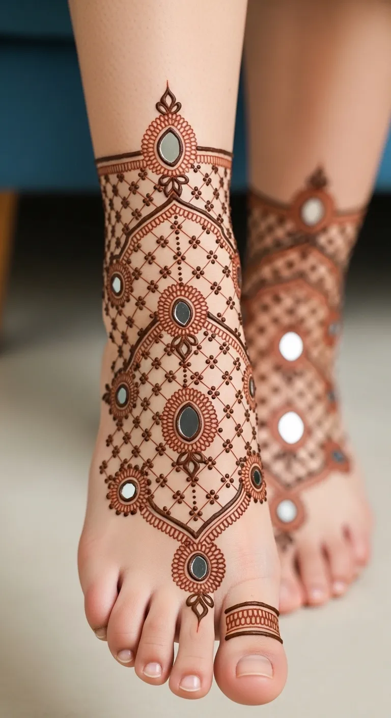 Rajasthani leg mehndi with jaal and mirror pattern