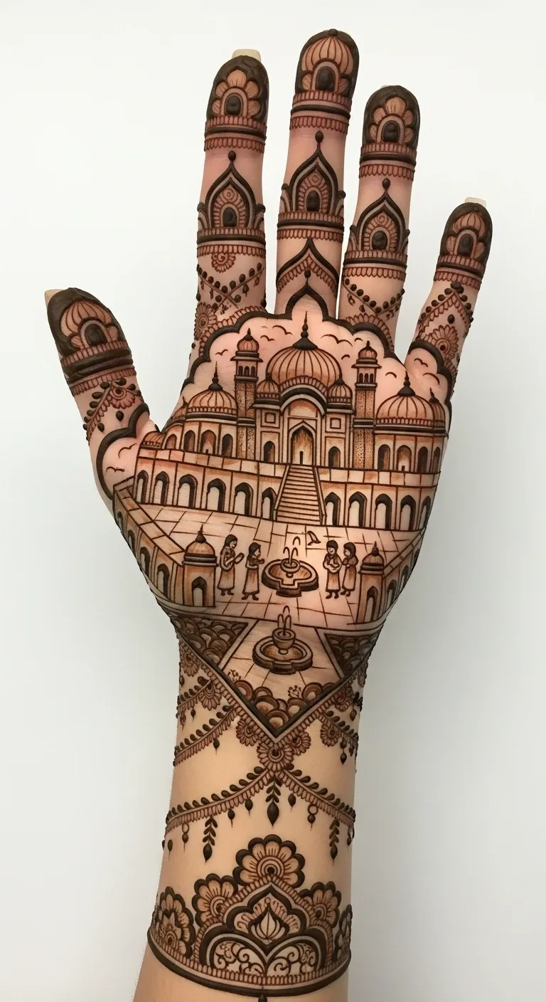 Rajasthani palace scene mehndi on palm