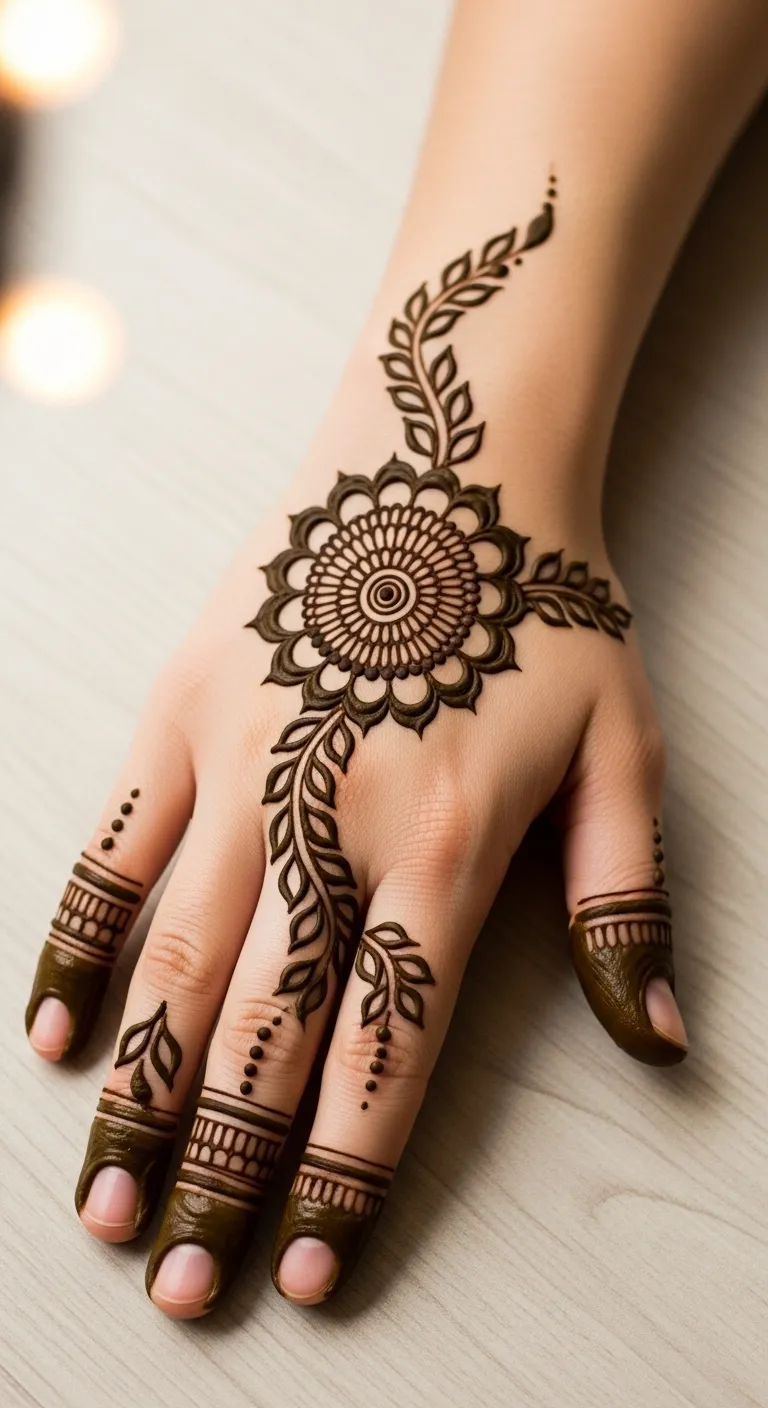 Mandala mehndi on back of right hand