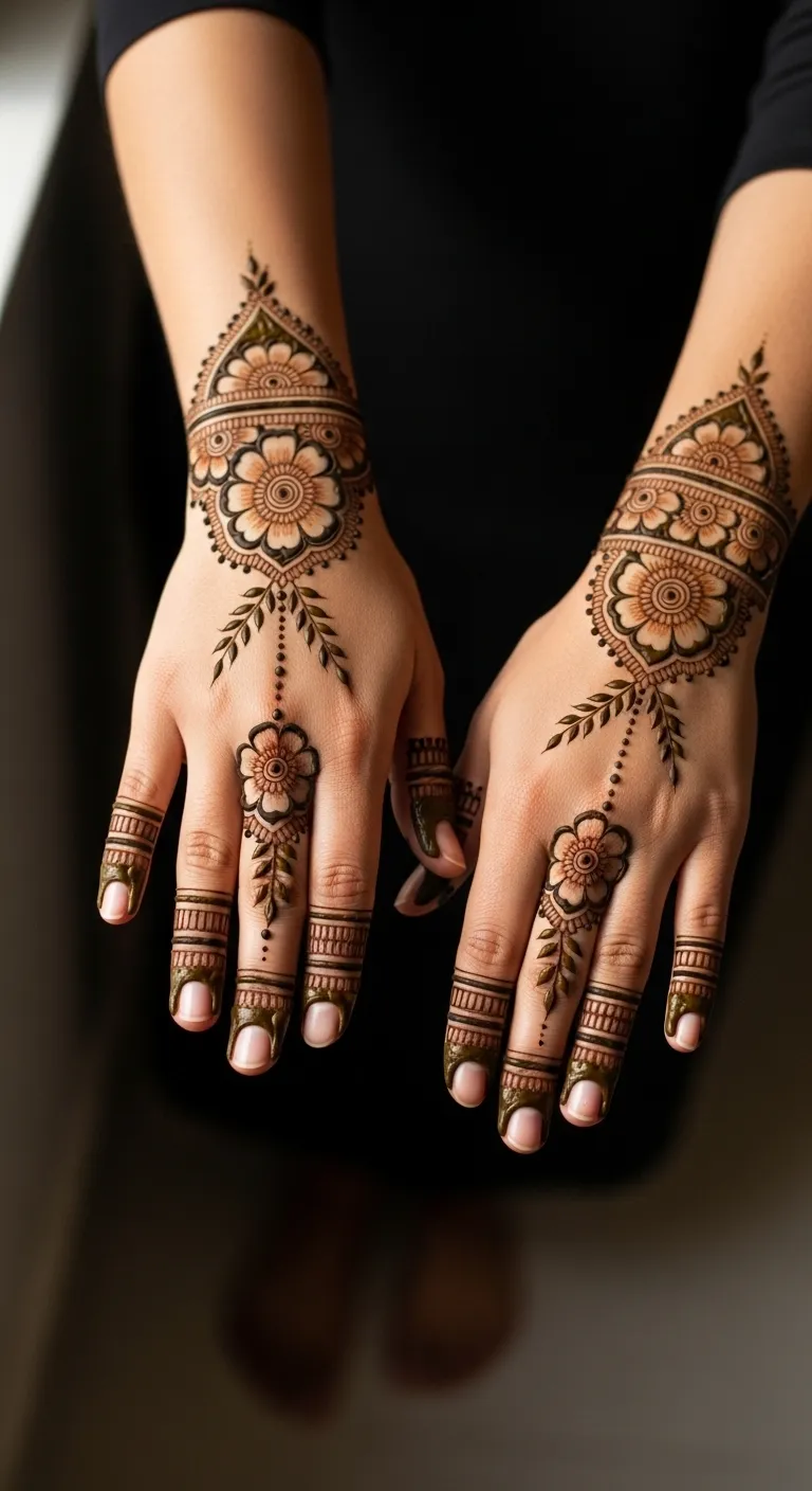 Floral wrap ring finger engagement mehndi design