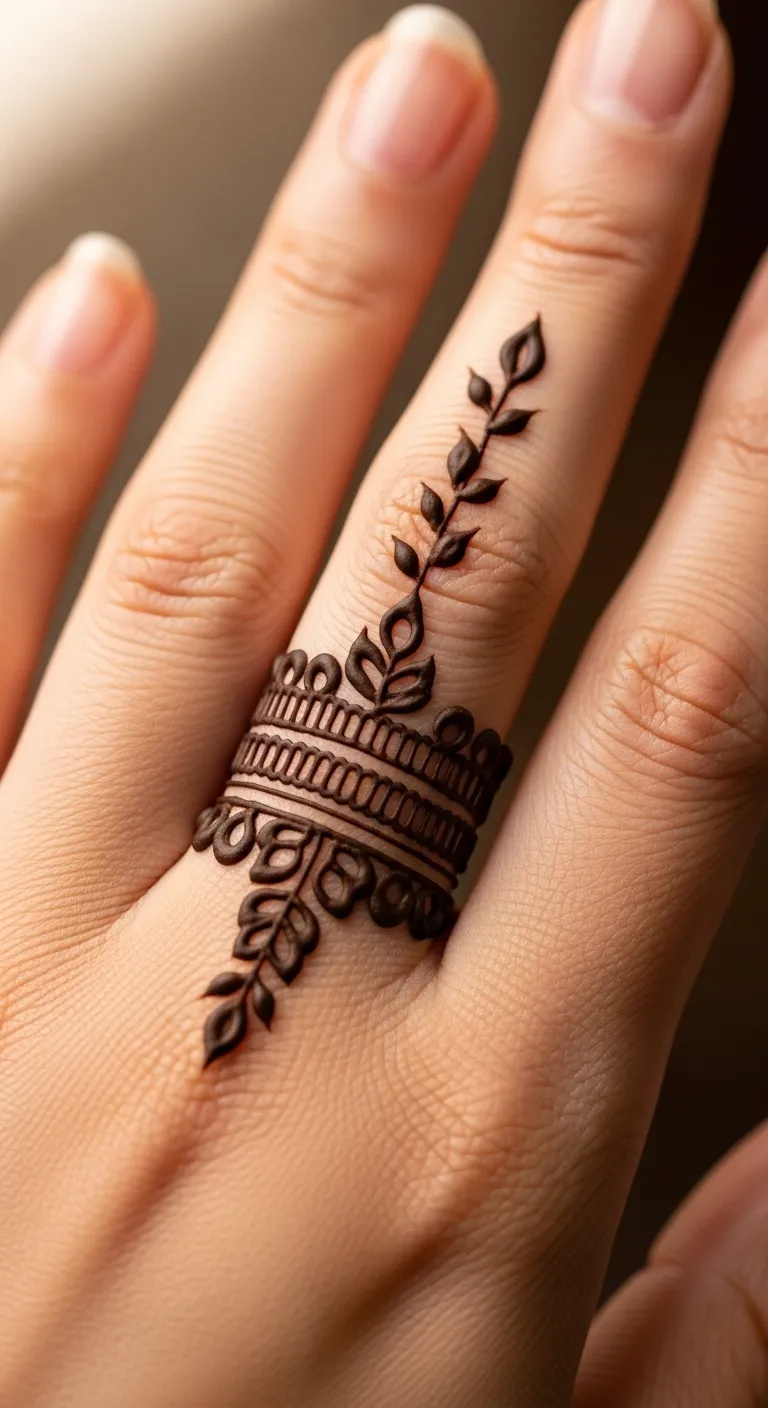 Ring style finger mehndi with leaf band