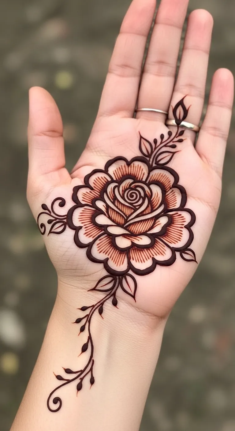 200+ Stunning Flower Mehndi Designs You Will Love (2026) 13 Large rose flower mehndi design on hand