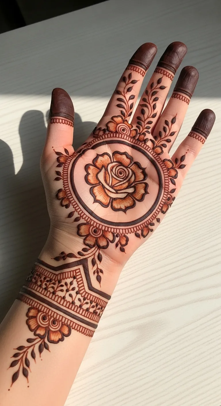 Rose inside circle frame mehndi on palm