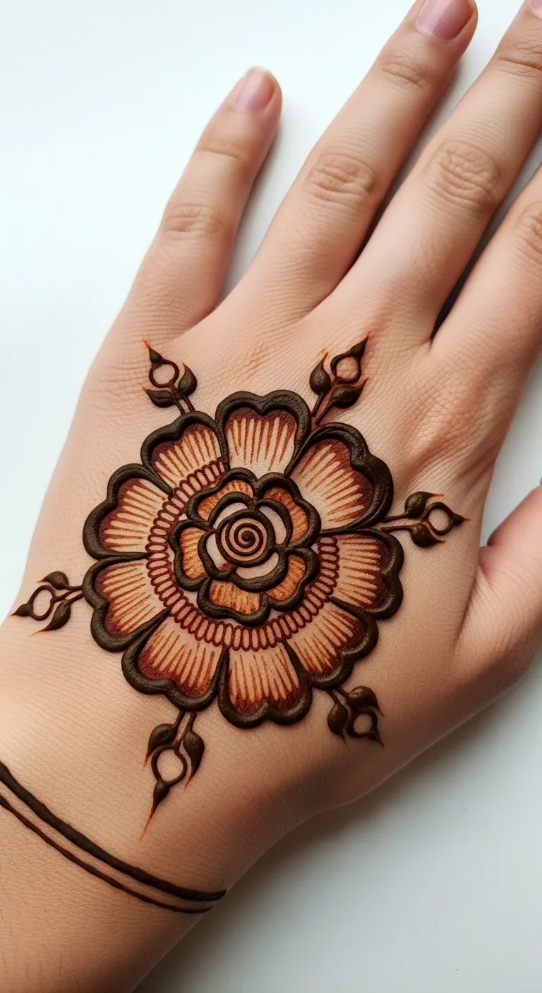 200+ Stunning Flower Mehndi Designs You Will Love (2026) 14 Shaded rose flower mehndi with buds