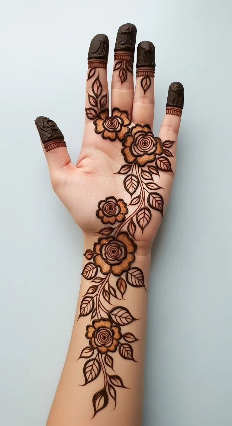Rose vine mehndi from wrist to middle finger