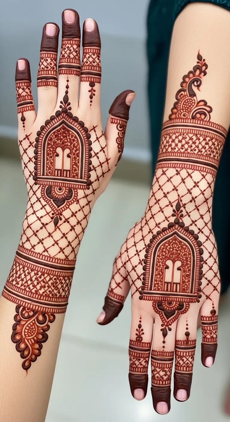 Royal Mughal jharokha mehndi on back hand