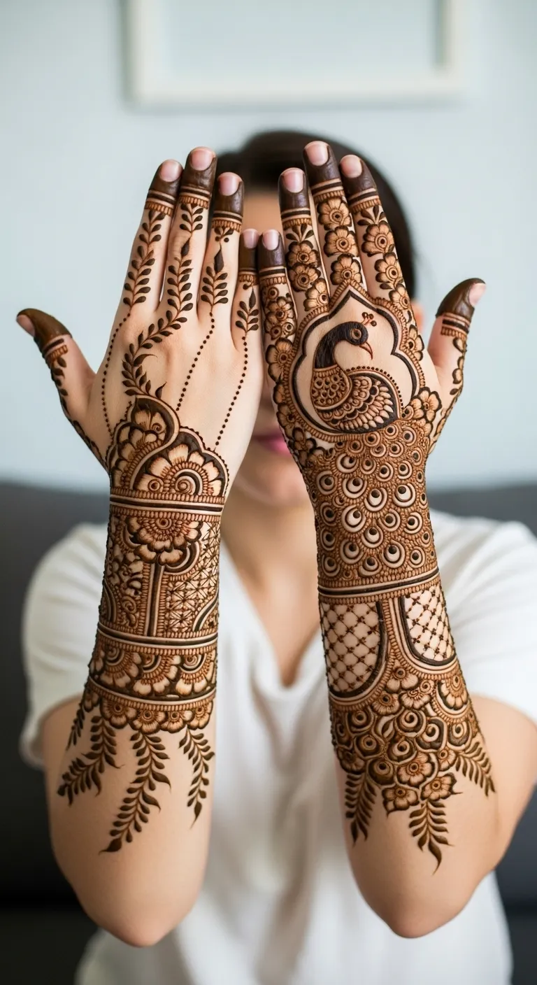 Royal peacock mehndi with floral filling on back hand