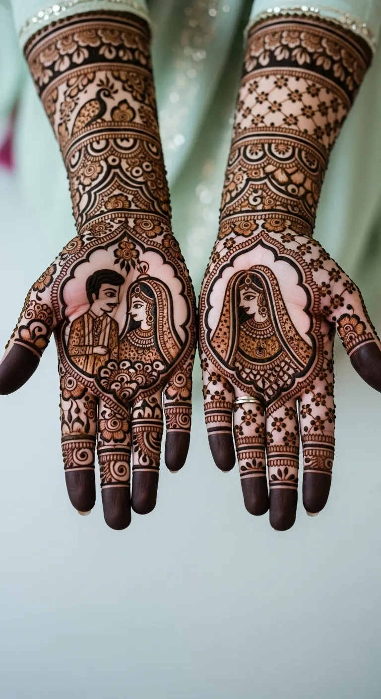 Royal bridal mehndi with dulha-dulhan on front hand