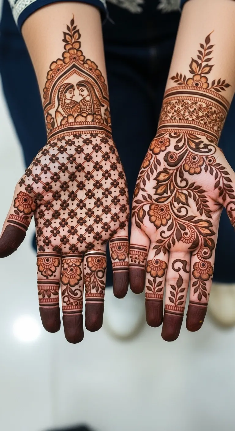 Royal bridal mehndi with floral grid and portraits on front hand