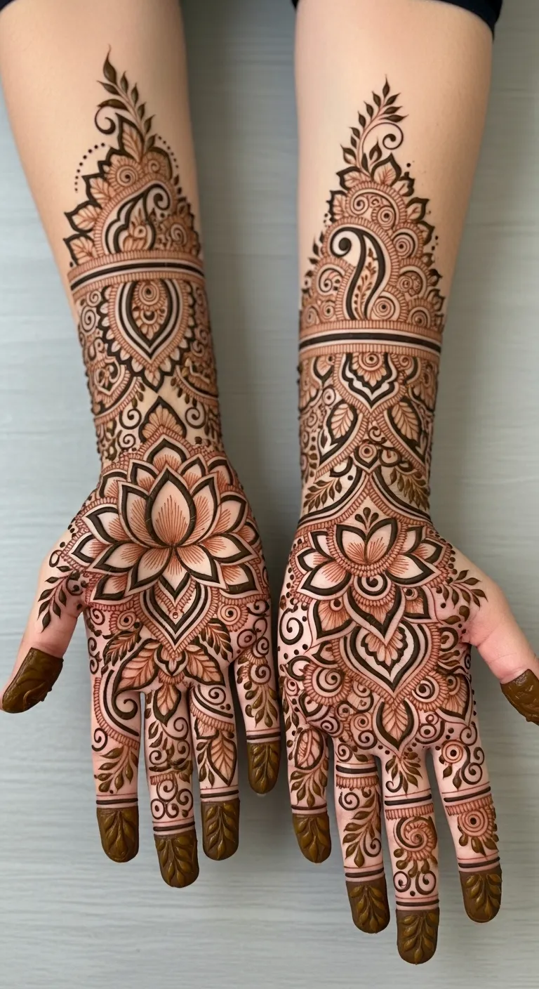 Royal bridal lotus mandala mehndi on front hand