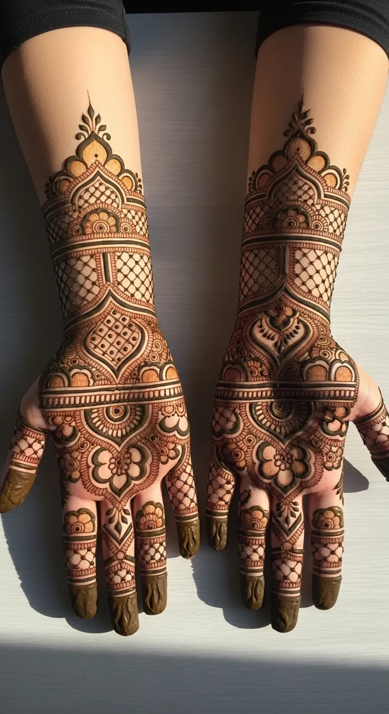 Royal dome mehndi with full hand coverage