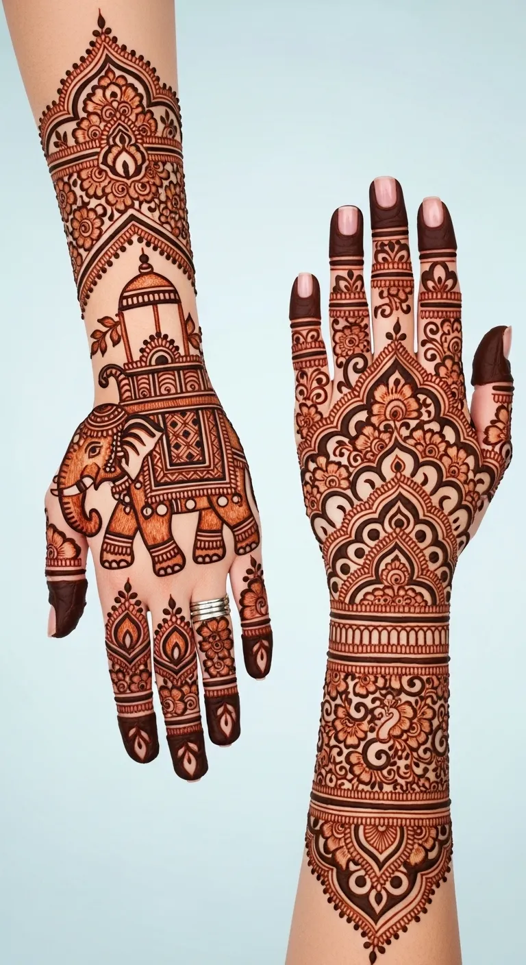 Royal elephant mehndi with howdah on front hand