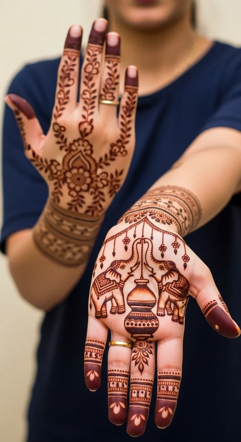 Royal elephant pair mehndi with kalash on back hand